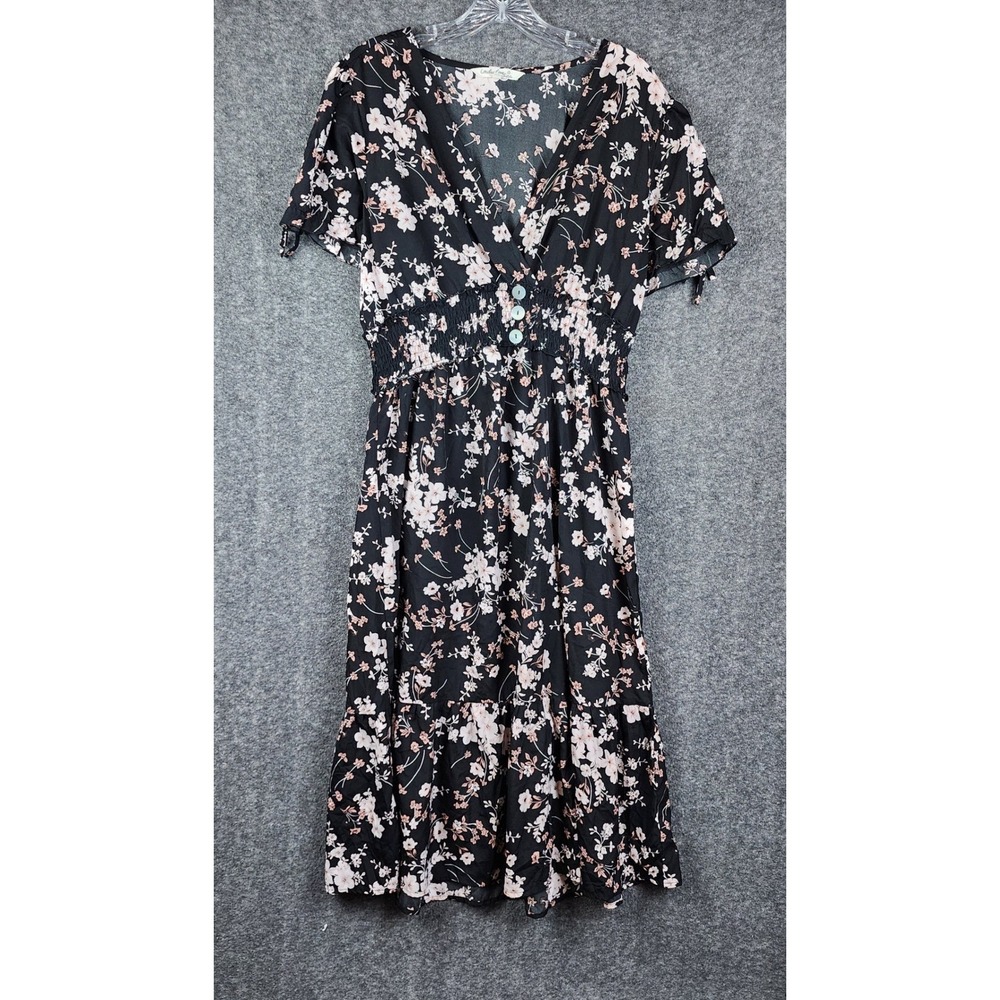 Indulge Instyle Floral Dress Women XL Black Pink Smocked Waist Tiered Midi Boho